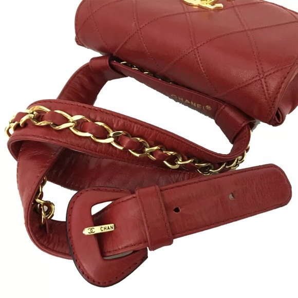 CHANEL Quilted Matelasse CC Logo Lambskin Waist Pouch Bum Bag Red Size 70 - Picture 5 of 11